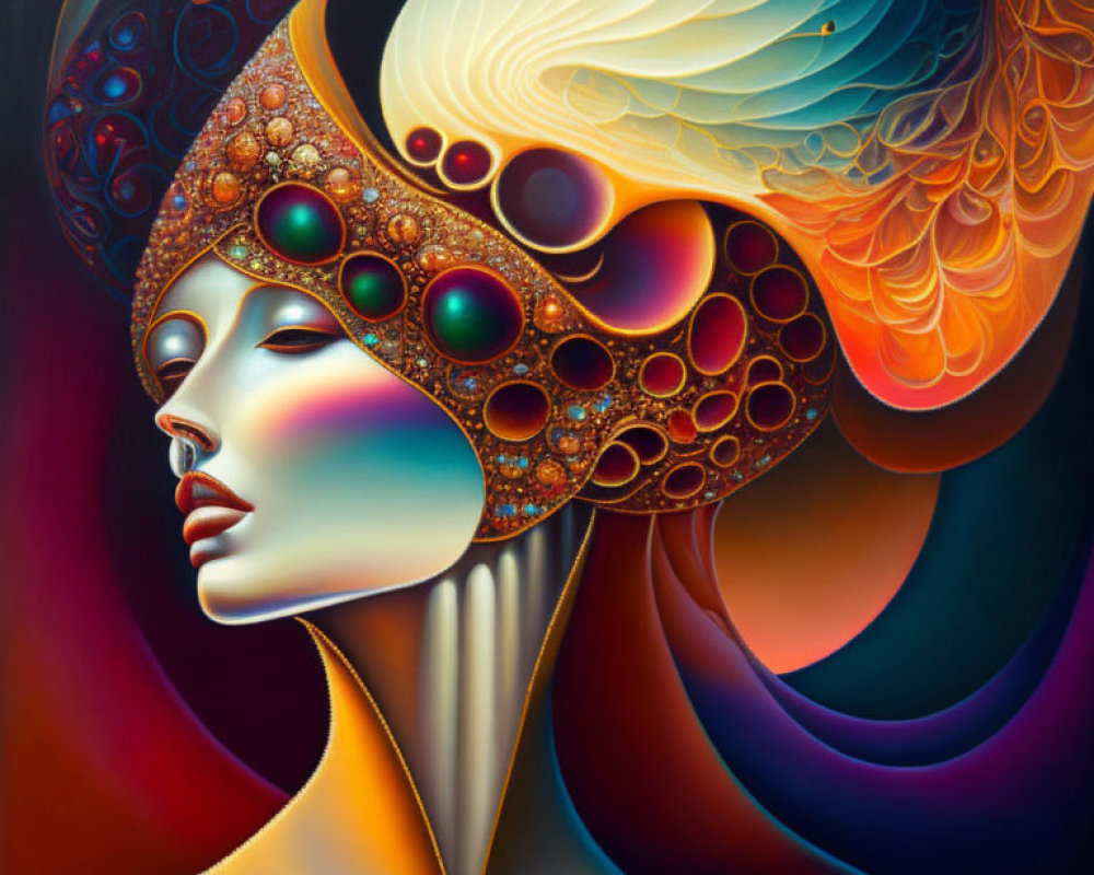 Colorful surreal portrait of a woman with ornate headdress