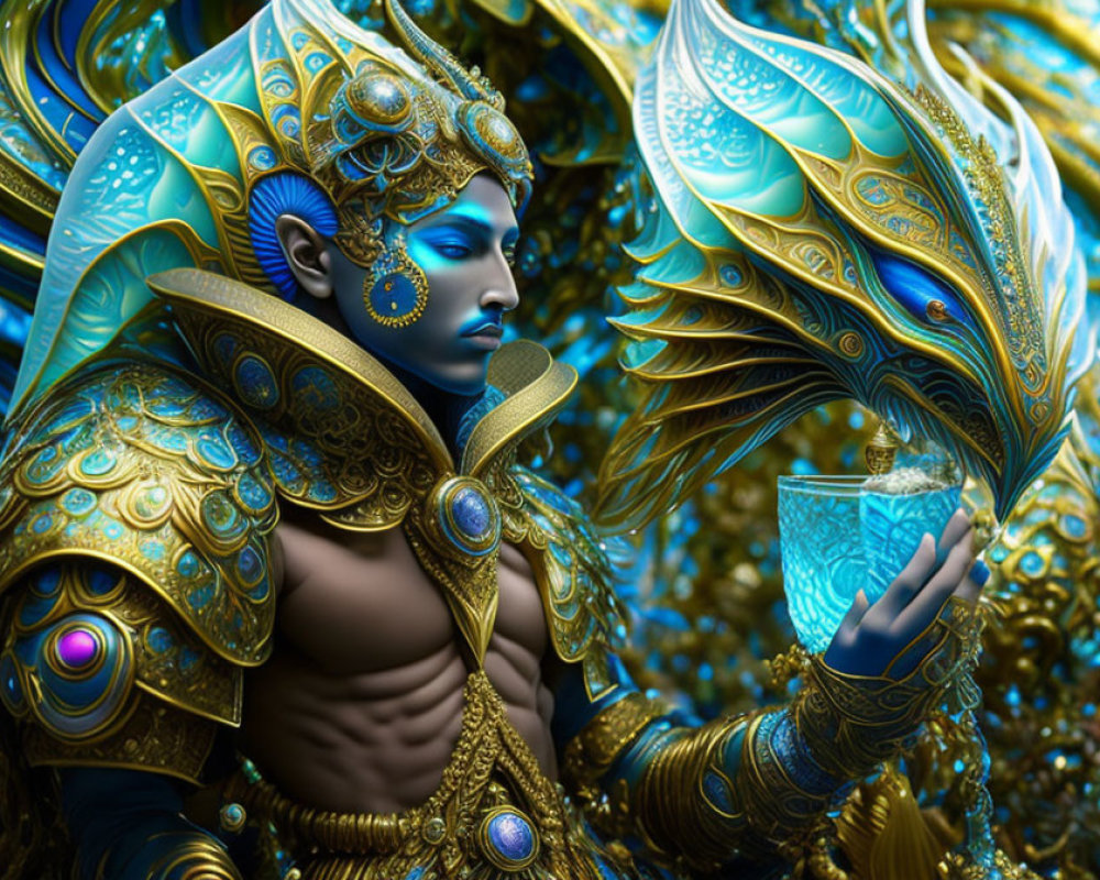 Detailed Artwork: Blue-Skinned Figure in Golden Armor with Elaborate Headdress Holding Cr