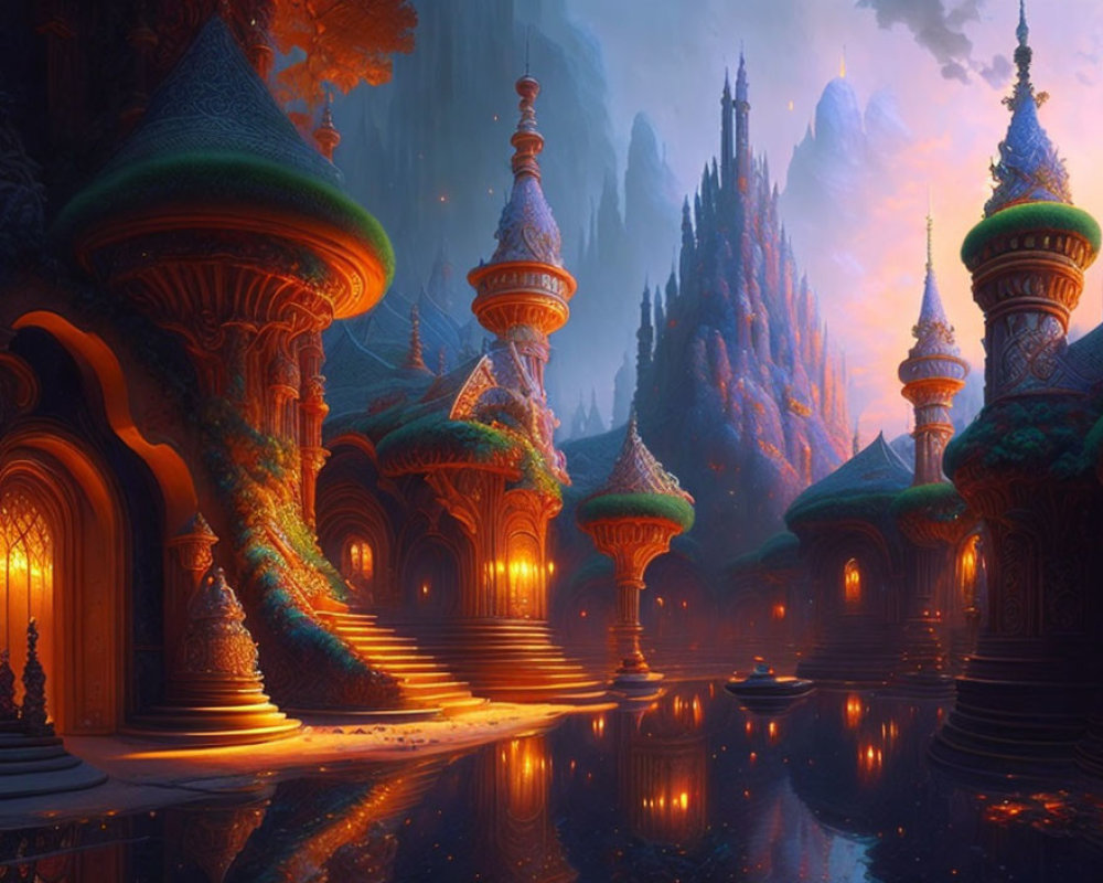 Mystical fantasy landscape with glowing buildings and spires in serene water