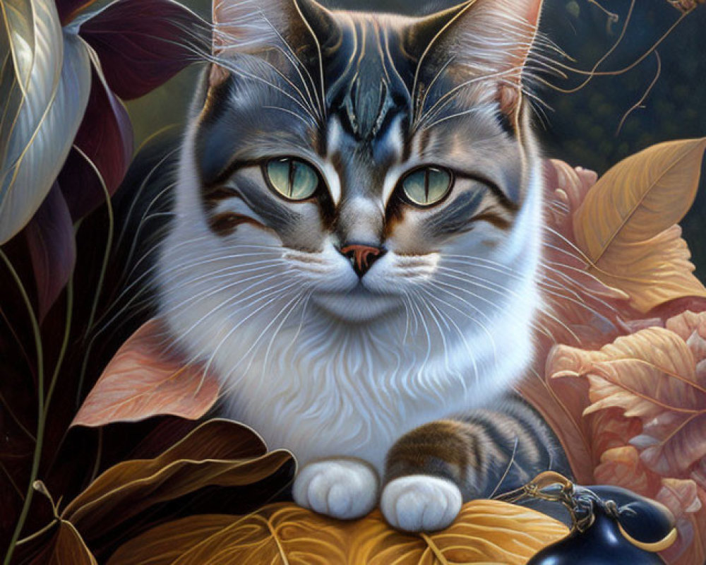 Detailed Artwork: Tabby Cat with Green Eyes Among Colorful Foliage and Black Orb
