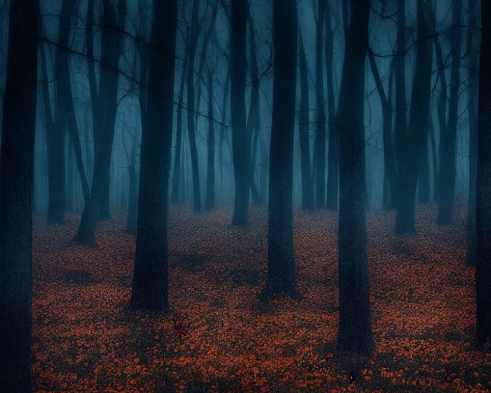 Blue-Toned Misty Forest with Bare Trees and Orange Leaves