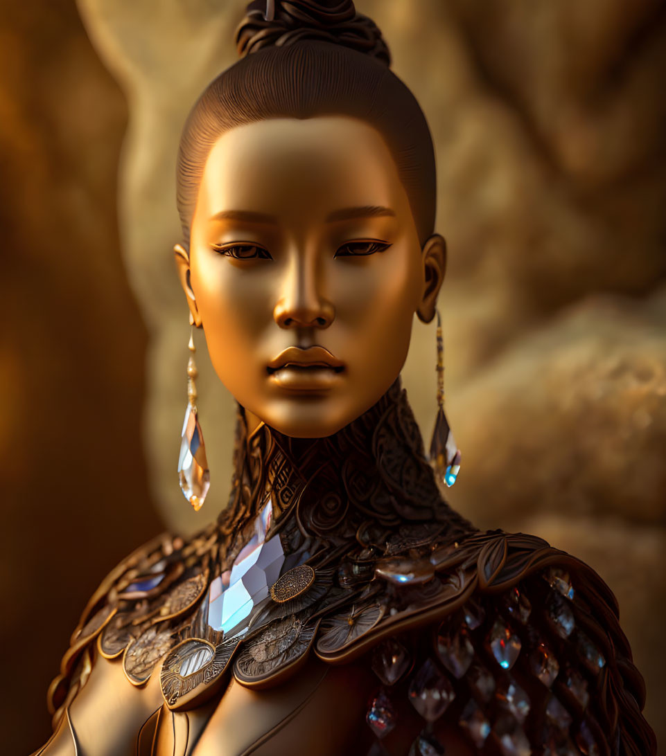 Detailed digital portrait of woman with ornate earrings and metallic, feather-like garment on golden rocky backdrop