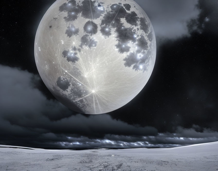 Detailed moon over stark landscape with starry sky and dark clouds