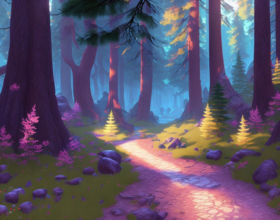 Scenic forest path with sunlight, tall trees, pink and purple flora
