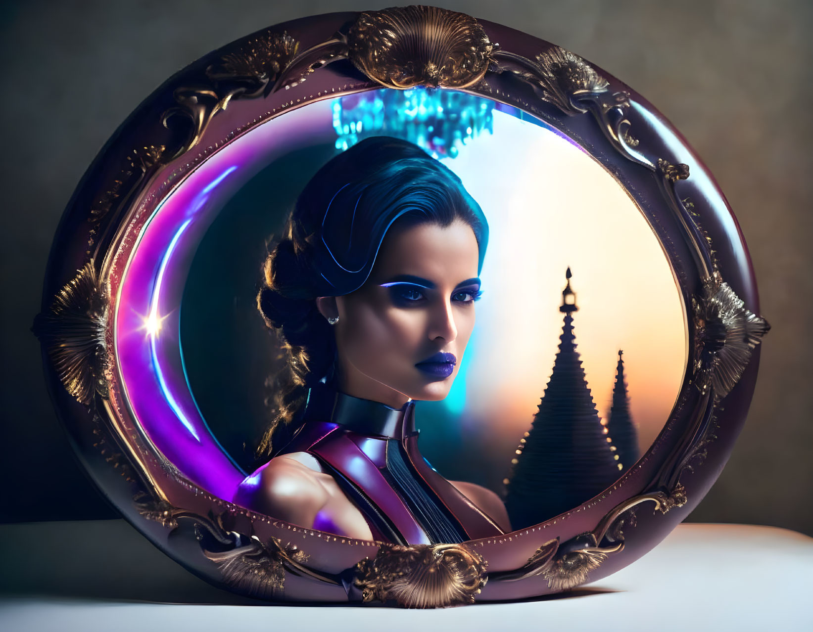 Futuristic woman portrait in ornate oval with fantasy landscape
