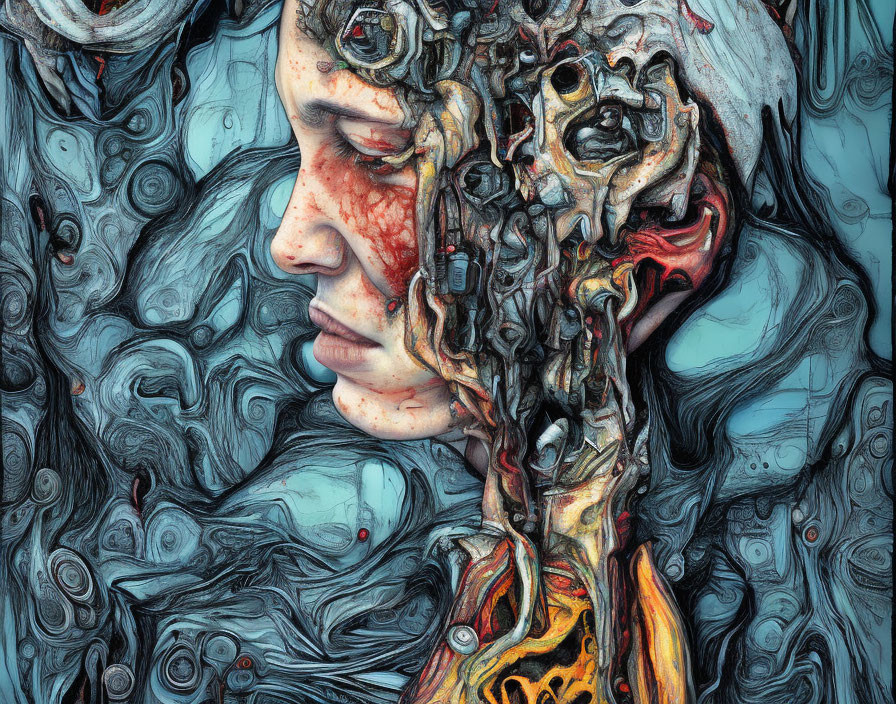 Surreal illustration of person with mechanical, disassembled face in swirling blue patterns