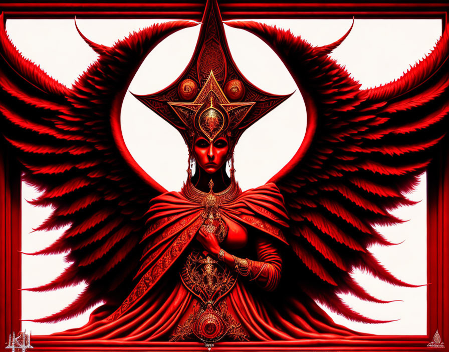 Fantasy artwork of character with red feathered wings and golden armor on crimson background