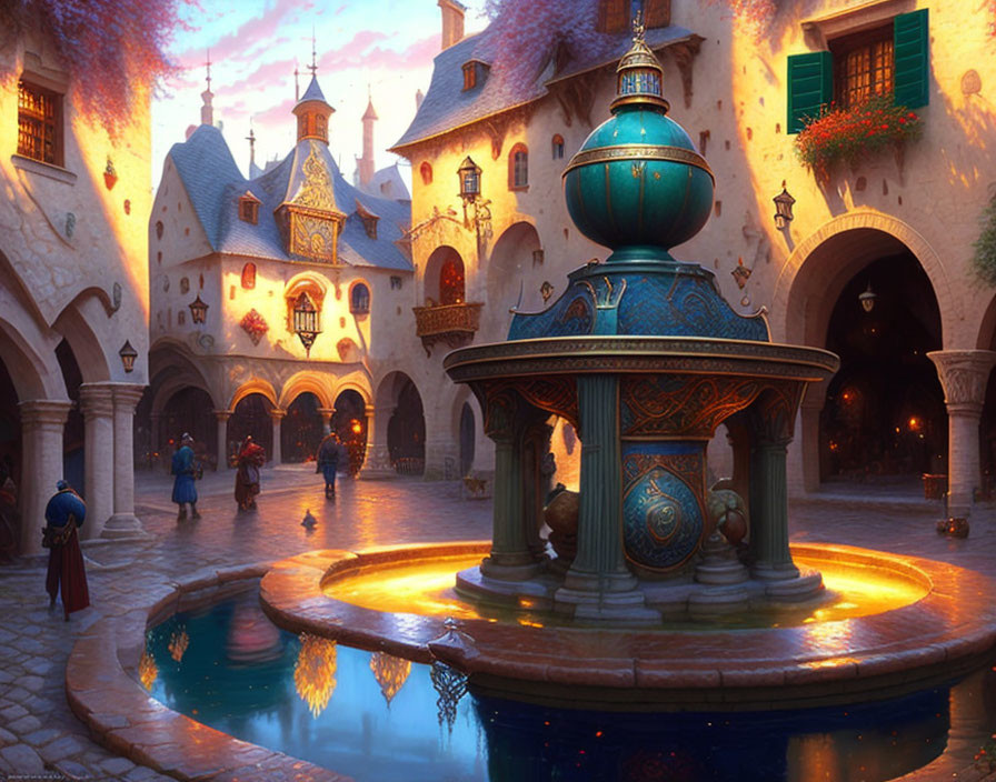 Enchanting twilight courtyard with ornate fountain