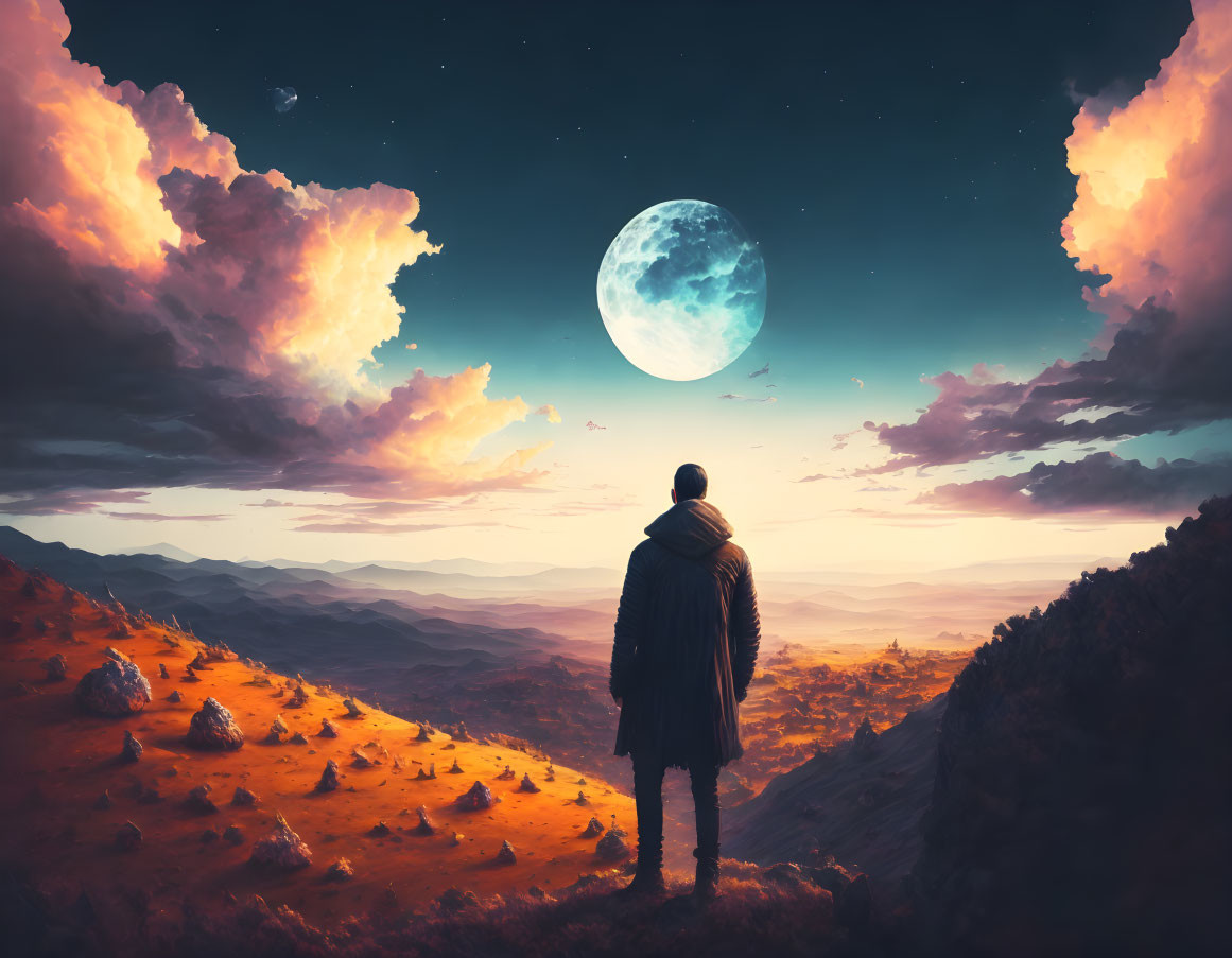 Twilight scene: person on hilltop gazes at large moon and vivid sky