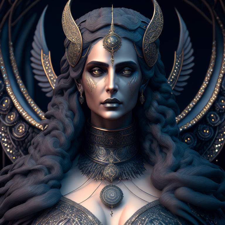 Intricate golden headgear and armor on female figure against dark backdrop