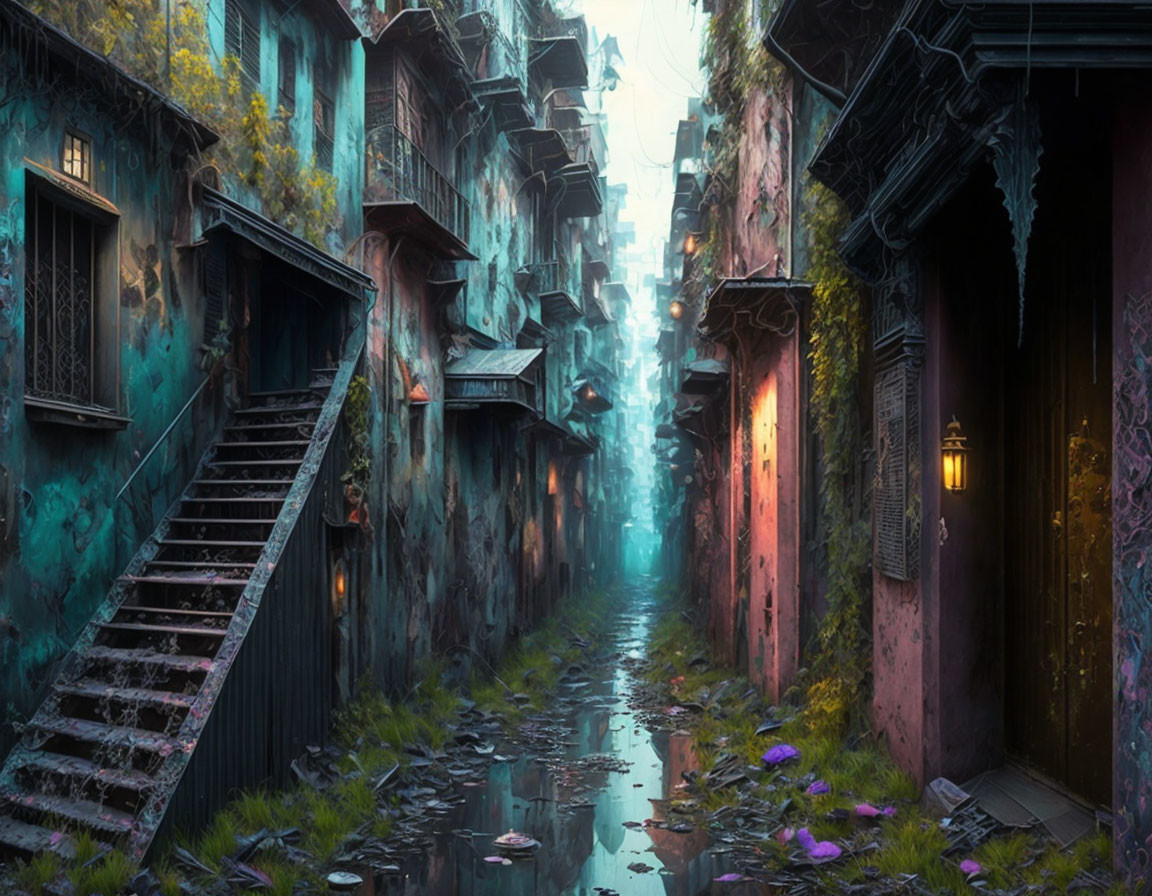 Overgrown alley with rundown buildings in soft blue light