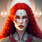 Vibrant red-haired woman in ornate armor with green eyes and red lipstick, surrounded by candles