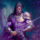 Muscular warrior in purple armor wields sword in mystical forest
