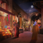 Fantasy marketplace at twilight with glowing lanterns and cloaked figures