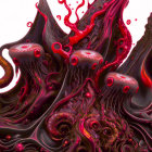 Abstract red liquid with swirling patterns and glossy beads.
