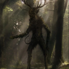 Majestic figure with leafy antlers and ornate feather cloak in lush forest