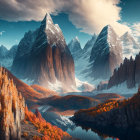 Majestic landscape with towering mountains, autumn forests, and serene river