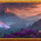 Fantastical Landscape with Purple Flora, Misty Mountains, Temple, and Luminous Sunset