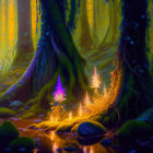 Enchanting forest scene with glowing lanterns and moss-covered trees