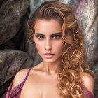 Styled woman with wavy hair and bold makeup near textured rocks