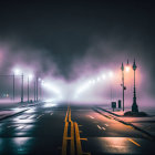 Deserted night street with fog, glowing lamps, and "Do Not Enter" sign