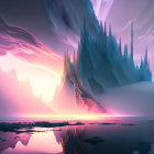 Vibrant pink and purple surreal landscape with ice-like formations reflected in water