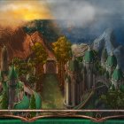 Majestic fantasy landscape with glowing trees, mountains, river, and figures at twilight