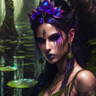 Mystical woman with purple hues and floral crown in ethereal forest