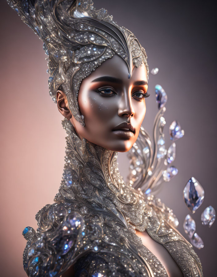 Fantasy-themed digital portrait of a woman with crystalline headpiece and jeweled costume.