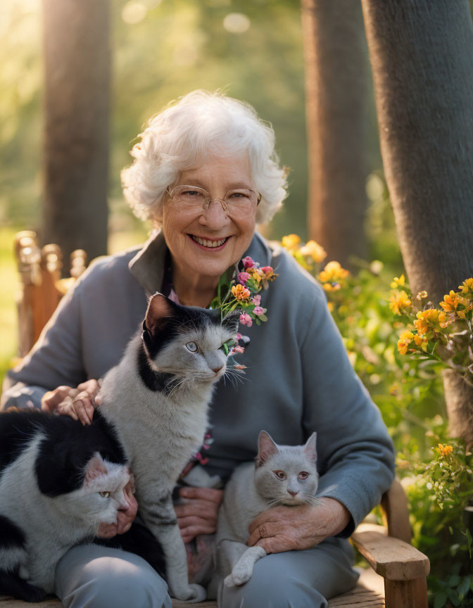 Elderly woman with white hair and glasses smiling outdoors with cats on wooden bench