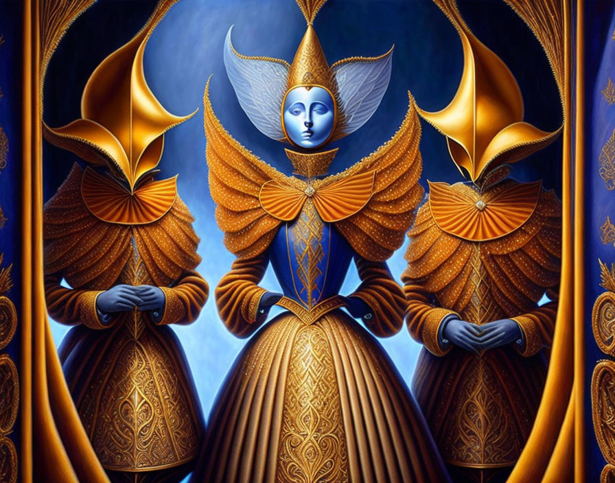 Blue-skinned figure in golden robes with wings on moonlit backdrop