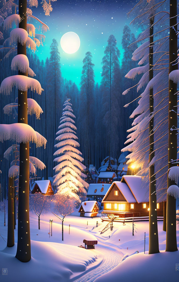 Snow-covered trees, full moon, illuminated houses in serene winter night scene