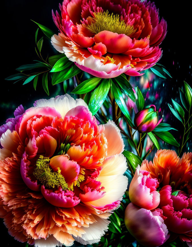 Colorful Peonies on Dark Background with Light Effect