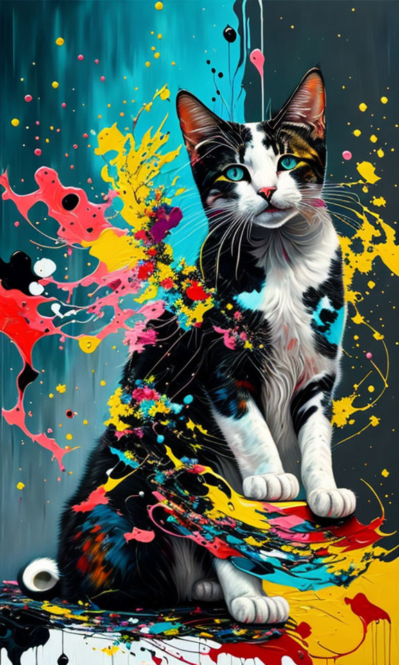 Colorful Cat Artwork with Striking Blue Eyes on Dark Background