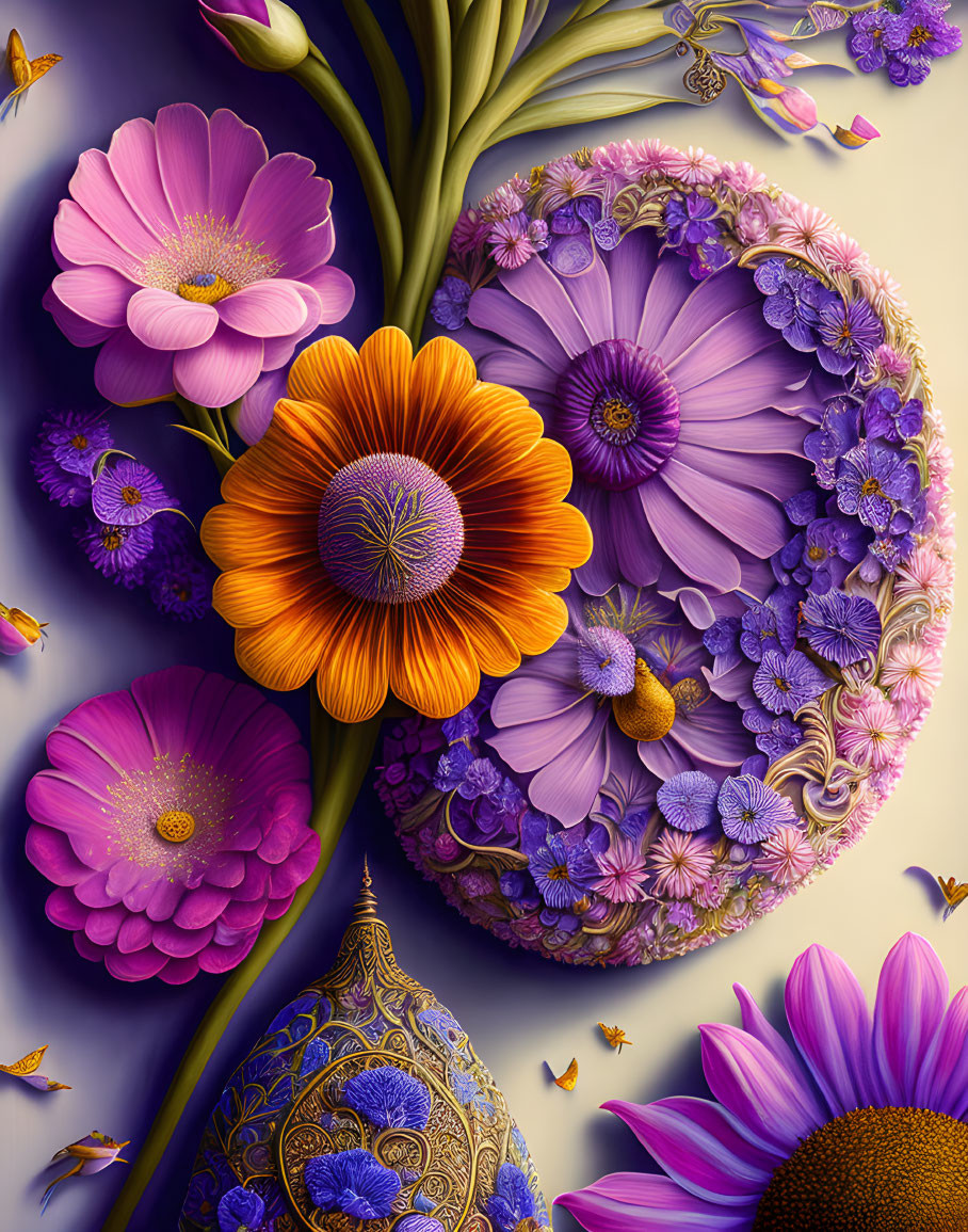 Detailed purple and orange flower illustration with butterflies in paisley vase