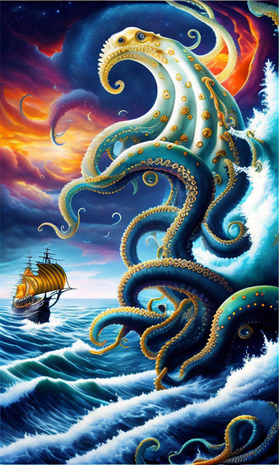 Enormous octopus with ornate tentacles above ship in stormy seas