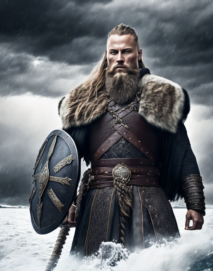 Viking warrior with shield and sword in traditional armor