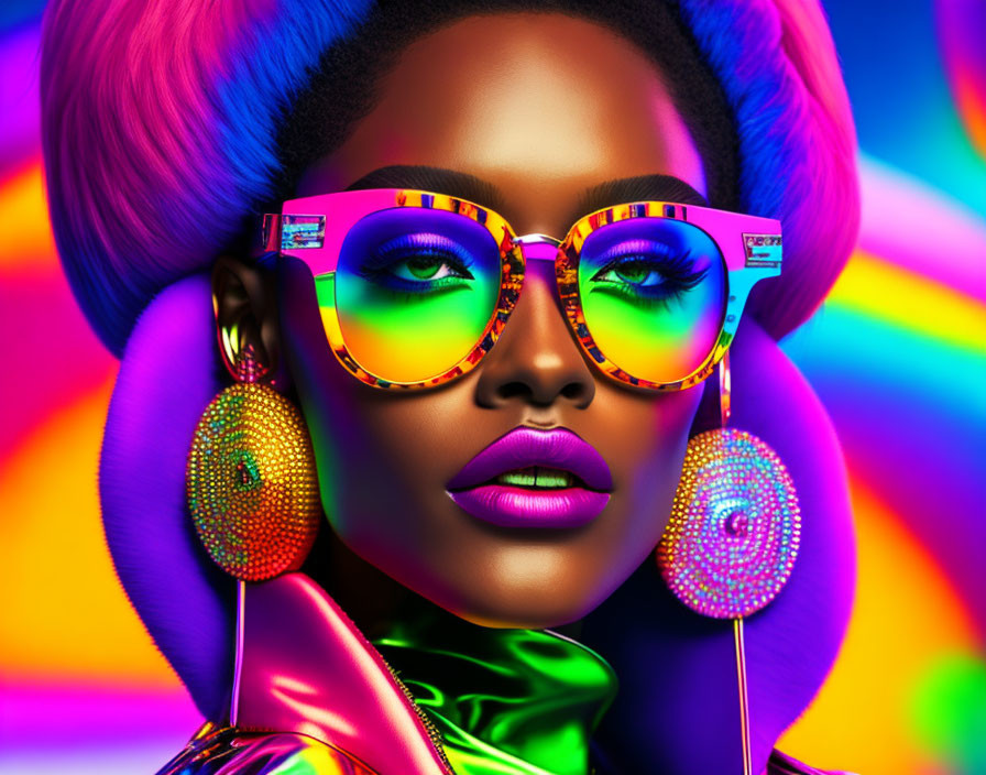 Colorful Woman Portrait with Bold Makeup and Sunglasses on Psychedelic Background