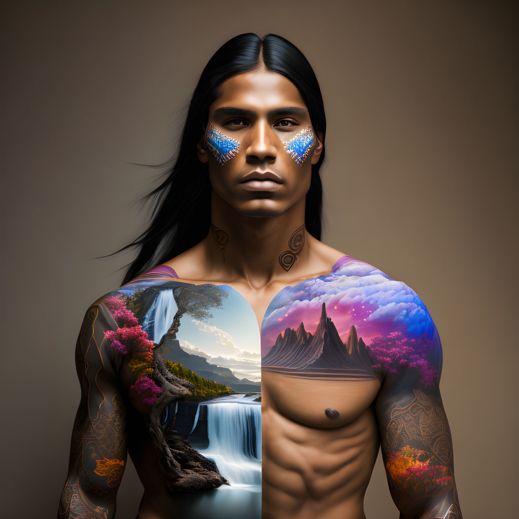 Long-haired person with tribal patterns and chest tattoo of waterfall and mountains under pink sky.