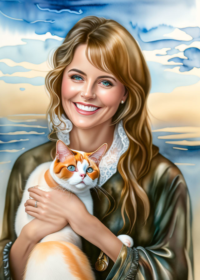 Smiling woman with wavy hair holding tri-colored cat against sunset backdrop