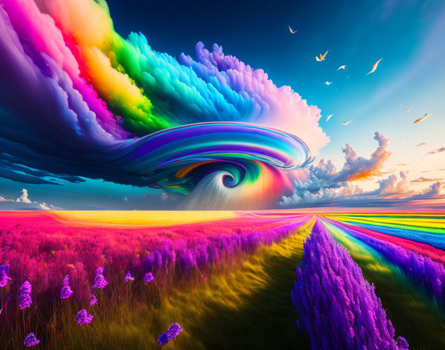 Colorful digital artwork: Rainbow cloud, purple flowers, birds, and path