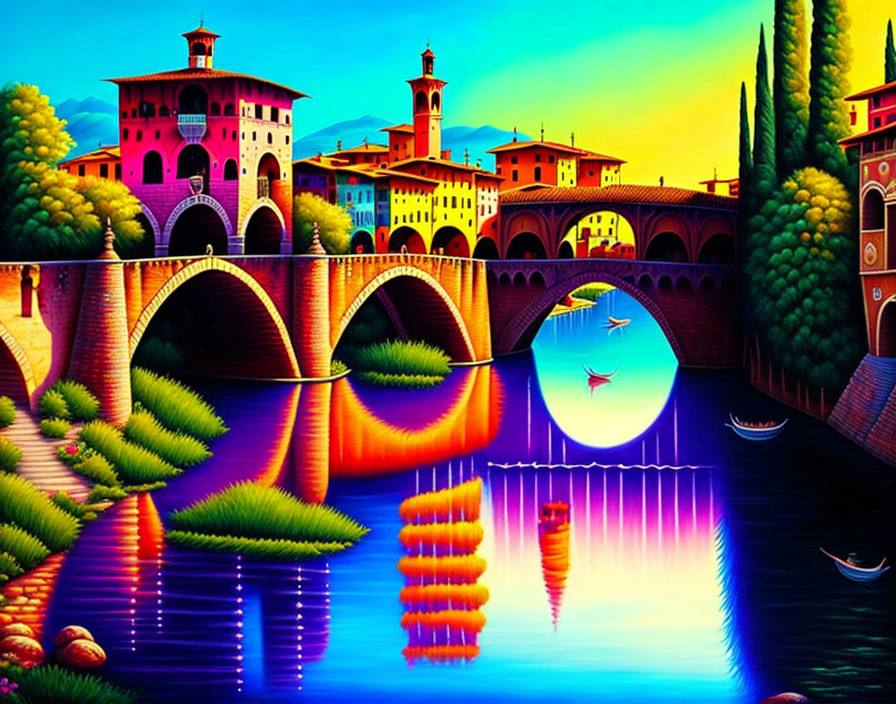 Colorful Italian Riverside Painting with Arched Bridges and Sunset Reflection