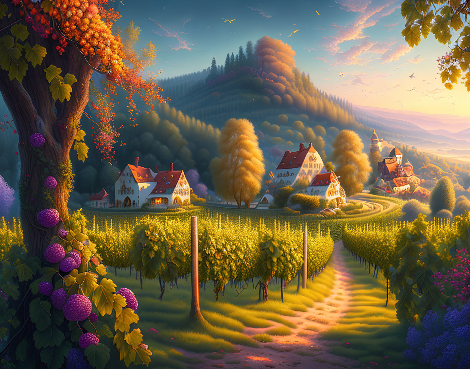 Scenic autumn village with vineyards, cozy homes, and sunrise