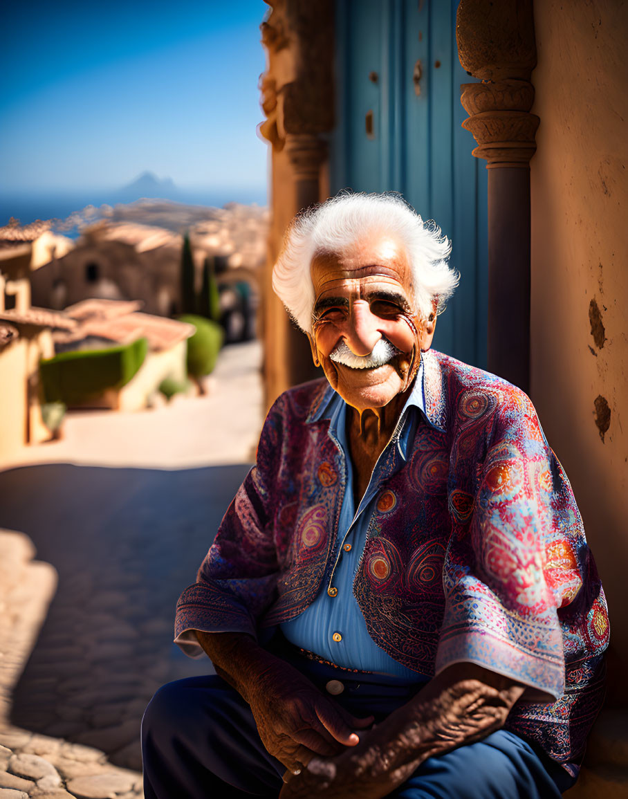 Elderly person with white hair smiling by blue door on sunny cobblestone street