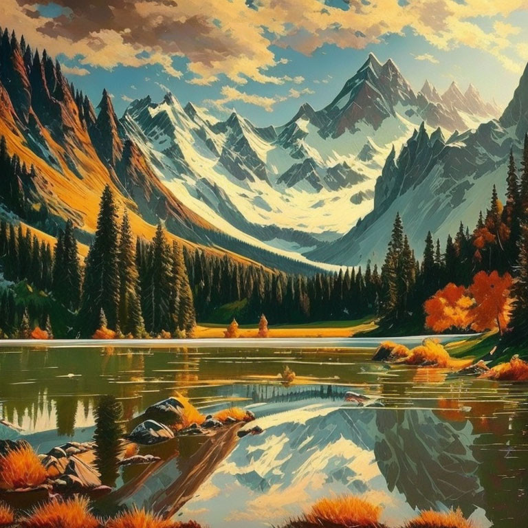 Scenic autumn landscape with snow-capped mountains, reflective lake, and colorful trees