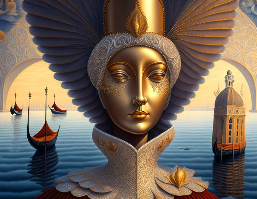 Regal figure with golden mask in surreal sea setting