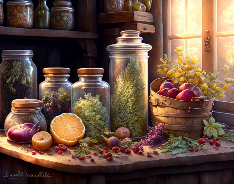 Rustic still life with wooden shelf, glass jars, fruit basket, and fresh produce