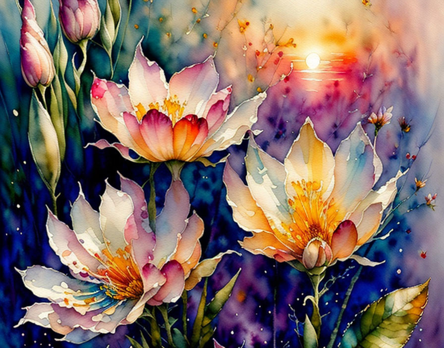 Vivid Watercolor Painting of Blossoming Flowers at Sunset