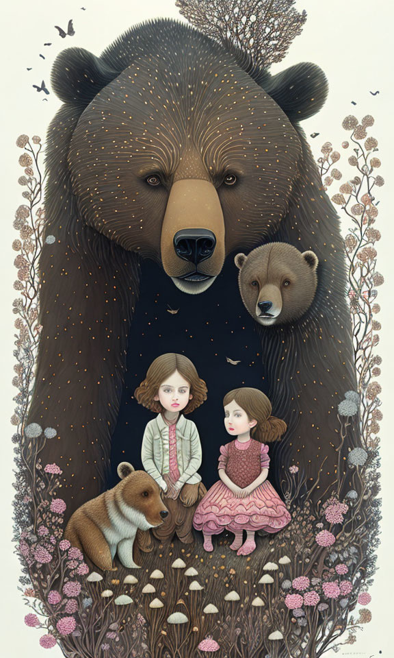 Detailed illustration of giant bear, two smaller bears, Victorian-era children, flora, and mushrooms