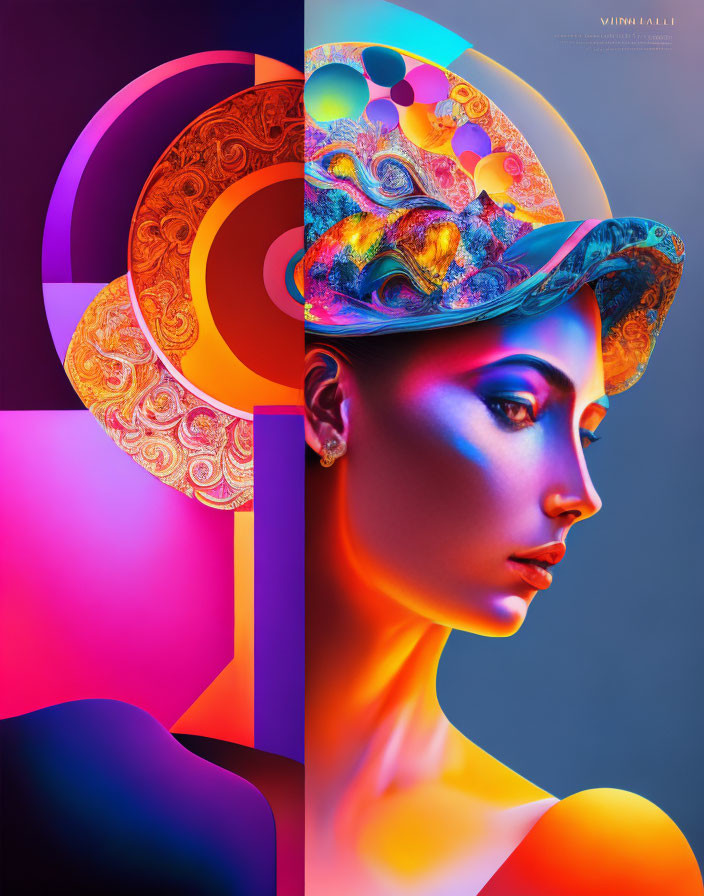 Colorful digital artwork of woman in ornate hat with abstract shapes and gradients.